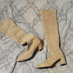 Elegant Beige Knee High Heeled Boots for Women